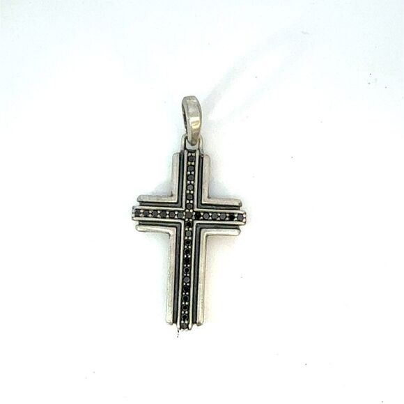 David Yurman Black Diamond Cross Pendant Sterling Silver Estate DY694 - Picture 1 of 6